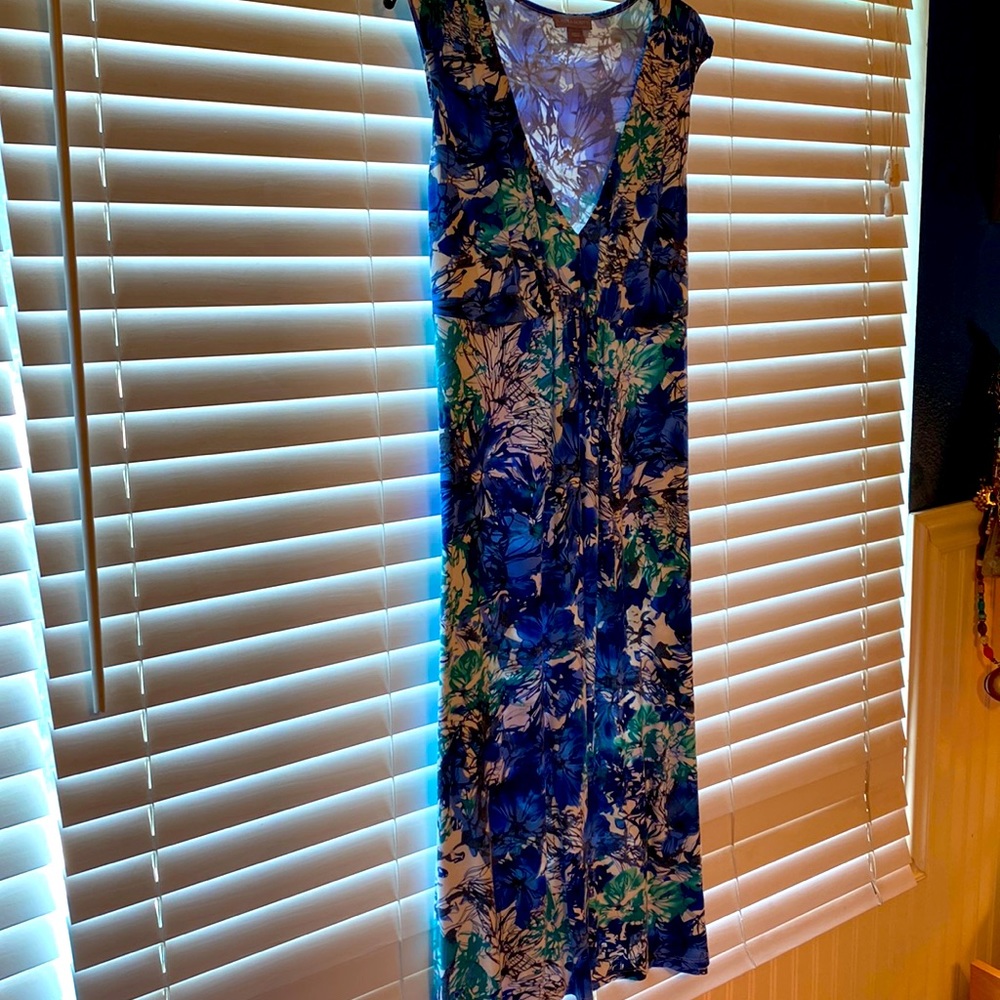 Laura Scott watercolor poppies dress in blues greens and black size Lg
